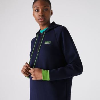 Lacoste SPORT Hooded Cotton Blend Sweatshirt Dress - Šaty Dámské Tmavě Blankyt Blankyt / Zelene / Če